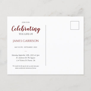 Cartão Postal Celebração da Vida Vermelho Escuro com Funeral de 