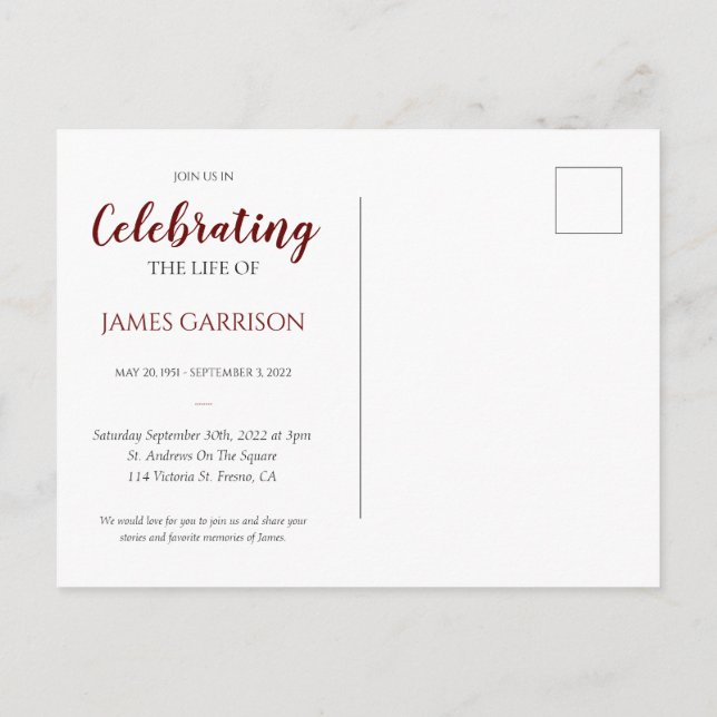 Cartão Postal Celebração da Vida Vermelho Escuro com Funeral de  (Verso)