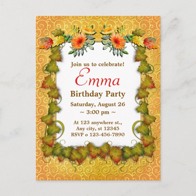 Cartão Postal Celebração de Aniversário Folhas de Outono Fofo Mo (Frente)