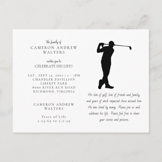 Cartão Postal Celebração de Vida de Golfe Branco (Frente)