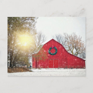Cartão Postal Celeiro de Natal com Luz do Sol Entrando pelas Árv