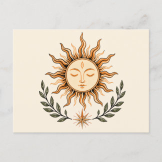 Cartão Postal Celestial Sun Face Botanical Mystical Art