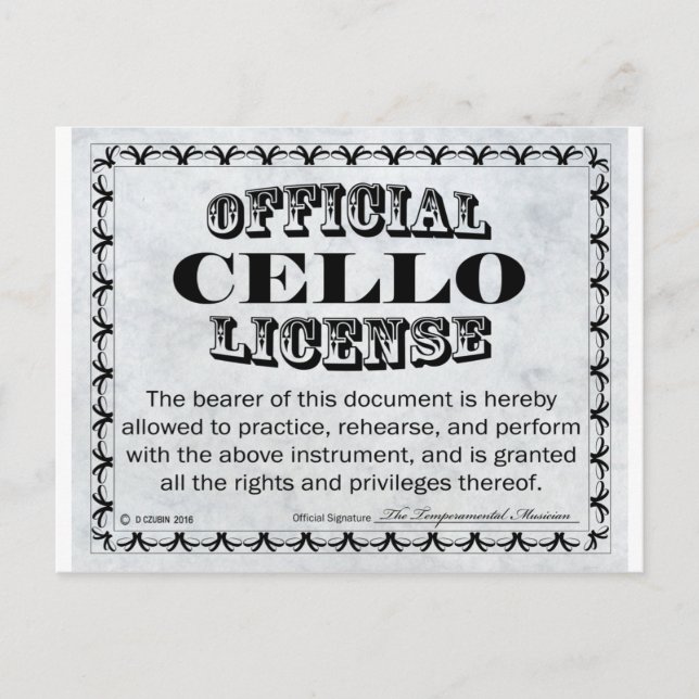 Cartão Postal Cello License (Frente)
