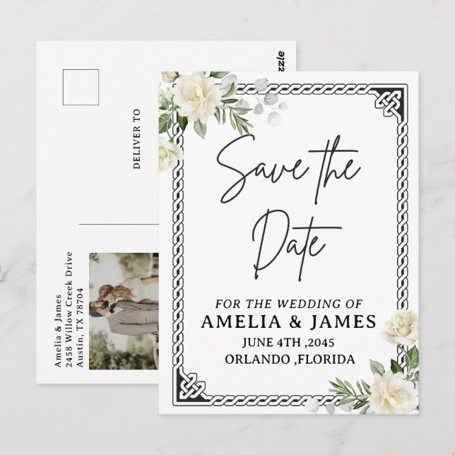 Cartão Postal Celtic Frame Wedding Save the Date Postcard (Frente/Verso)