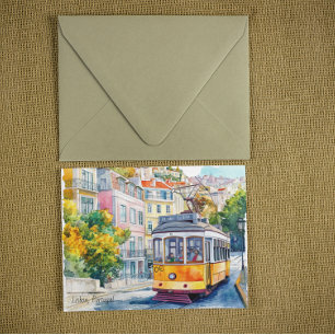 Cartão Postal Cena Colorida de um Velho Bonde em Lisboa Portugal
