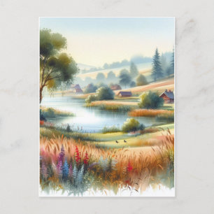 Cartão Postal Cena da Natureza Aquarela Estilo Vintage