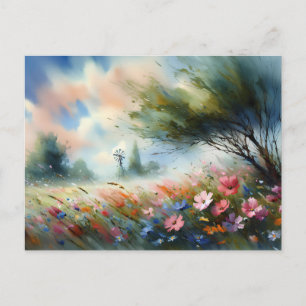 Cartão Postal Cena da Natureza com Campo de Flores Vintage