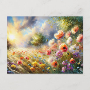 Cartão Postal Cena da Natureza com Campo de Flores Vintage