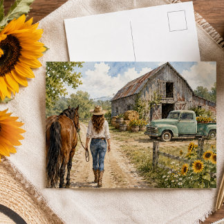 Cartão Postal Cena de Campo em Aquarela Cavalo Celeiro Rústico F