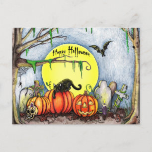Cartão Postal Cena de Cemitério Feliz Halloween