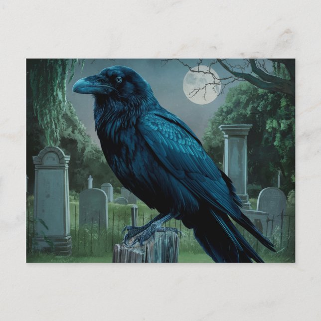 Cartão Postal Cena de cemitério gótico macabro de corvo sob lua  (Frente)