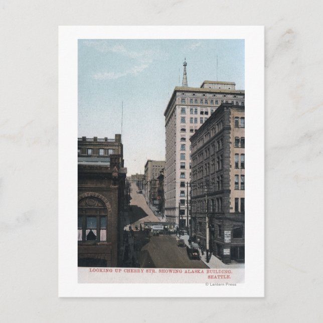 Cartão Postal Cena de Cherry Street com Alaska Bldg (Frente)