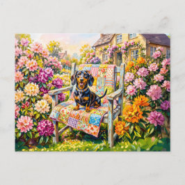 Cartão Postal Cena de Dachshund Sentado em Banco de Jardim Flora