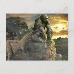 Cartão Postal Cena de Fantasia do Gorila Tyrannosaurus Dinossaur