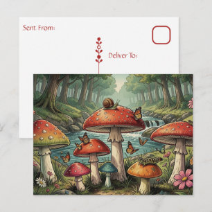 Cartão Postal Cena de Floresta de Cogumelos Whimsical Cottagecor