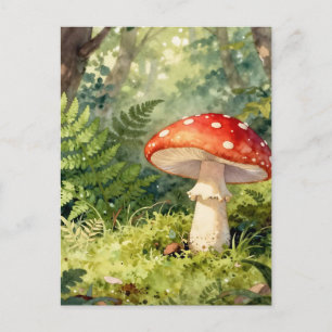 Cartão Postal Cena de Floresta em Aquarela com Cogumelo Vermelho