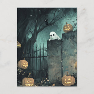Cartão Postal Cena de Halloween com Fantasma e Gato