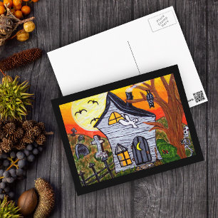 Cartão Postal Cena de Halloween Folk Art Hunted House