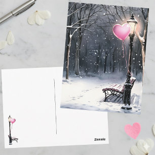 Cartão Postal Cena de Inverno Balão de Coração Rosa Dia dos Namo