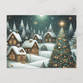 Cartão Postal Cena de inverno de Natal, vila e noite estrelada