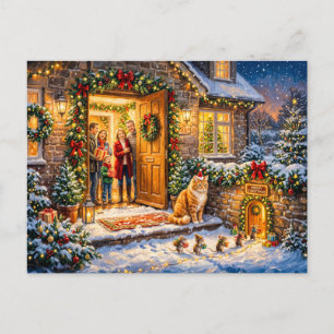 Cartão Postal Cena de Natal na Porta da Casa de Gatos e Ratos