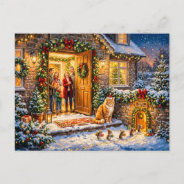 Cartão Postal Cena de Natal na Porta da Casa de Gatos e Ratos