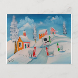 Cartão Postal cena de neve de inverno arte popular de ovelhas