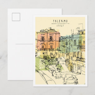 Cartão Postal Cena de ponto turístico desenhado à mão Palermo It