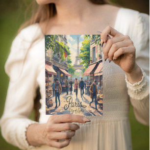 Cartão Postal Cena de Rua Parisiense com Torre Eiffel