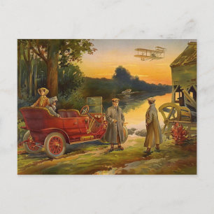 Cartão Postal Cena De Vintagem De Carros De Viagem E Biavião Ant