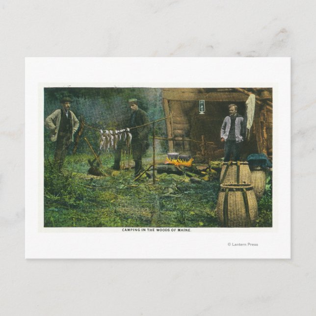Cartão Postal Cena do Campo de Homens Acampando em Maine (Frente)