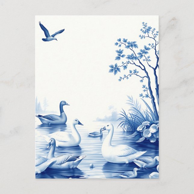 Cartão Postal Cena do Lago dos Cisnes Blue Willow (Frente)
