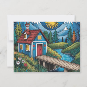 Cartão Postal Cena e cabana de cartaz da Arte NAIVE.