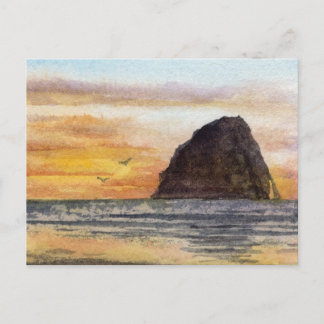Cartão Postal Cena em aquarela do pôr do sol na costa do Oregon 