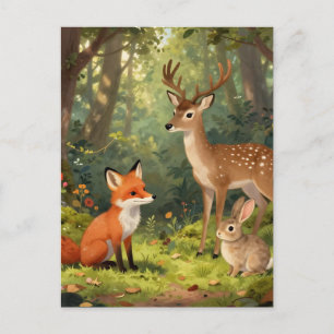 Cartão Postal Cena Florestal de Animais da Floresta Fofa