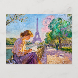 Cartão Postal Cena impressionista à beira rio em Paris com cartã