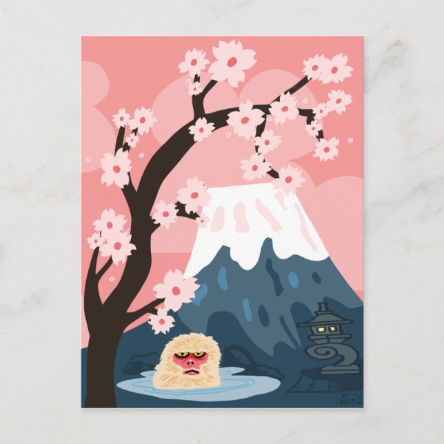 Cartão Postal Cena japonesa com macaco-neve e Monte Fuji (Frente)