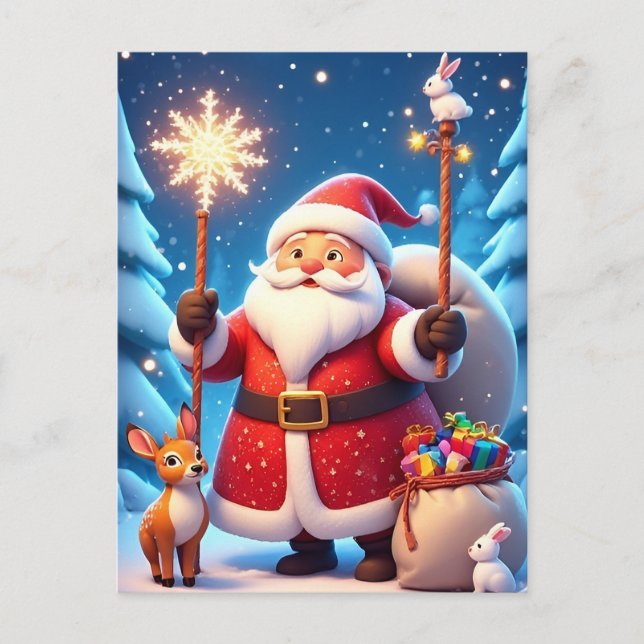Cartão Postal Cena Mágica de Natal Brilho ❄️ Papai Noel Inverno (Frente)