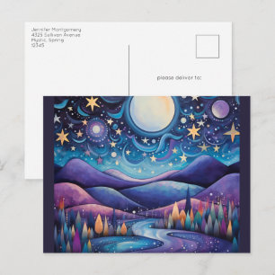 Cartão Postal Cena Noturna Fantástica com Lua Grande