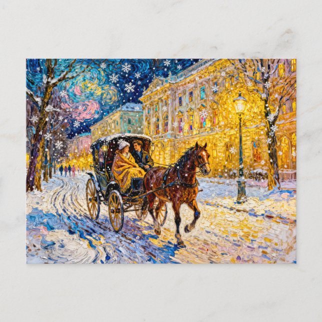 Cartão Postal Cena Noturna Impressionista de Cidade Nevada com C (Frente)