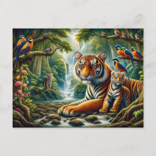 Cartão Postal Cena Pacífica de Selva com Pintura de Tigres