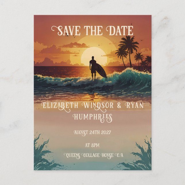 Cartão Postal Cena Romântica de Praia Sunset com Elegância Tropi (Frente)