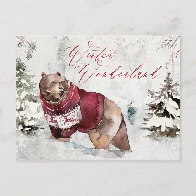 Cartão Postal Cena Rústica de Neve de Inverno com Urso Selvagem (Frente)