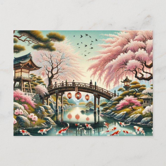 Cartão Postal Cenário japonês com ponte, carpas e árvores de Sak (Frente)