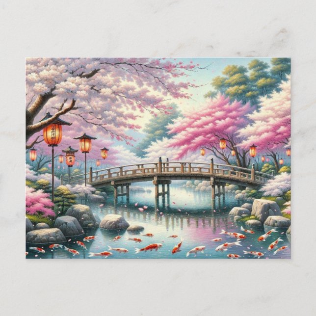 Cartão Postal Cenário japonês com Ponte, Koi e Sakura (Frente)