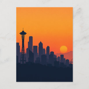 Cartão Postal Cenário Minimalista de Seattle ao Pôr do Sol Moder