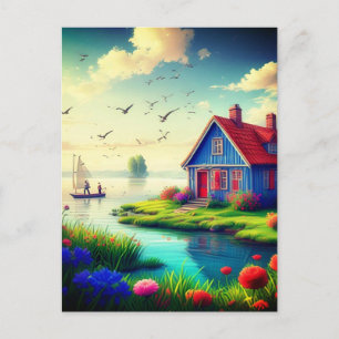 Cartão Postal Cenário natural com algodão e lago-434567