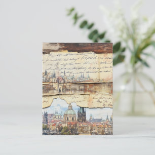 Cartão Postal Cenário Urbano Europeu Vintage com Carta Escrita à