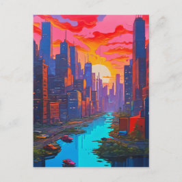 Cartão Postal Cenário Urbano Psicodélico Rosa com Rio