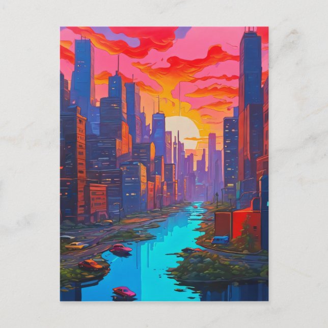 Cartão Postal Cenário Urbano Psicodélico Rosa com Rio  (Frente)